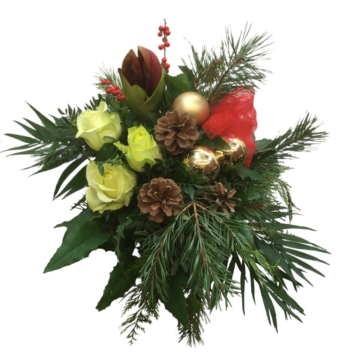 Blumenstrauß „Weihnachtsglück“ – Festlicher Weihnachtsstrauß mit Amaryllis, Rosen, Tannengrün & Deko | Winterstrauß Weihnachten