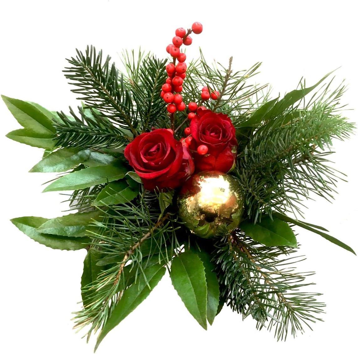 Blumenstrauß Wintertraum – Festlicher Blumenstrauß mit roten Rosen, Tannenzweigen & goldener Christbaumkugel