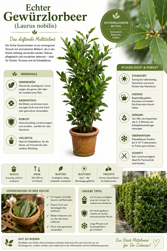 Echter Gewürzlorbeer (Laurus nobilis) – winterhart bis -10 °C, 60–80 cm inkl. Topf – aromatischer Lorbeerbaum für Garten & Küche