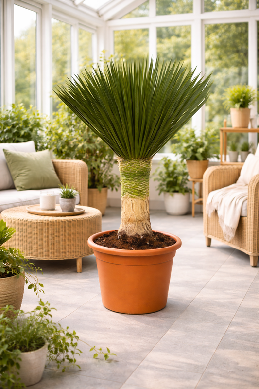 Yucca Rostrata 'Blue Swan' ca. 100 cm Gesamthöhe – Palmlilie mit 30 cm Stamm im 30 cm Topf | Winterharte Wüstenpflanze