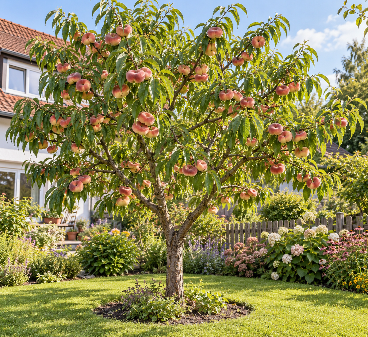 Tellerpfirsichbaum ‘Saturne’ – Prunus persica | Süßer Plattpfirsich für Garten & Terrasse | 160–200 cm inkl. Topf