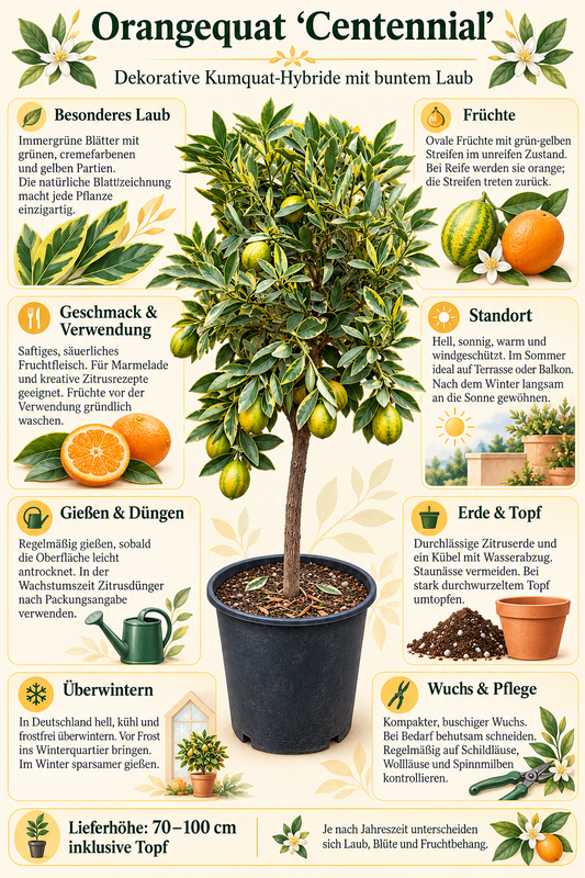 Orangequat ‘Centennial’ – dekorative Kumquat-Zitruspflanze für Balkon, Terrasse & Wintergarten – 70–100 cm inkl. Topf