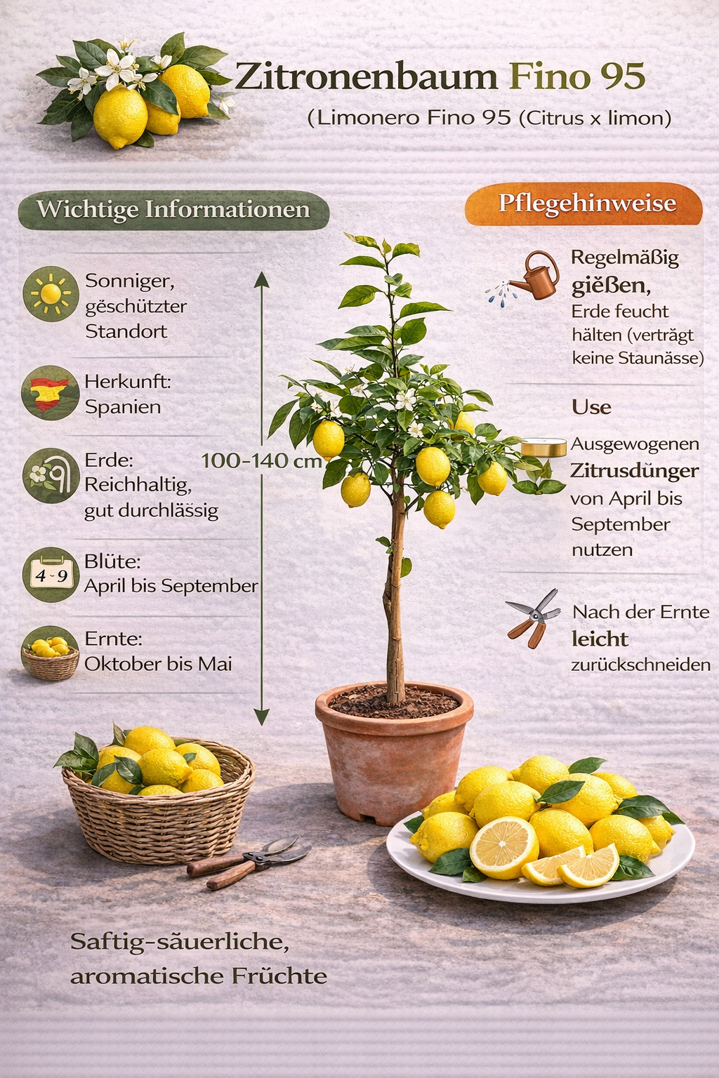 Citroník Fino 95 (Limonero Fino 95) – středomořská citrusová rostlina vysoká cca. 100–140 cm včetně květináče – Pravý citroník do zahrady, na terasu a balkon