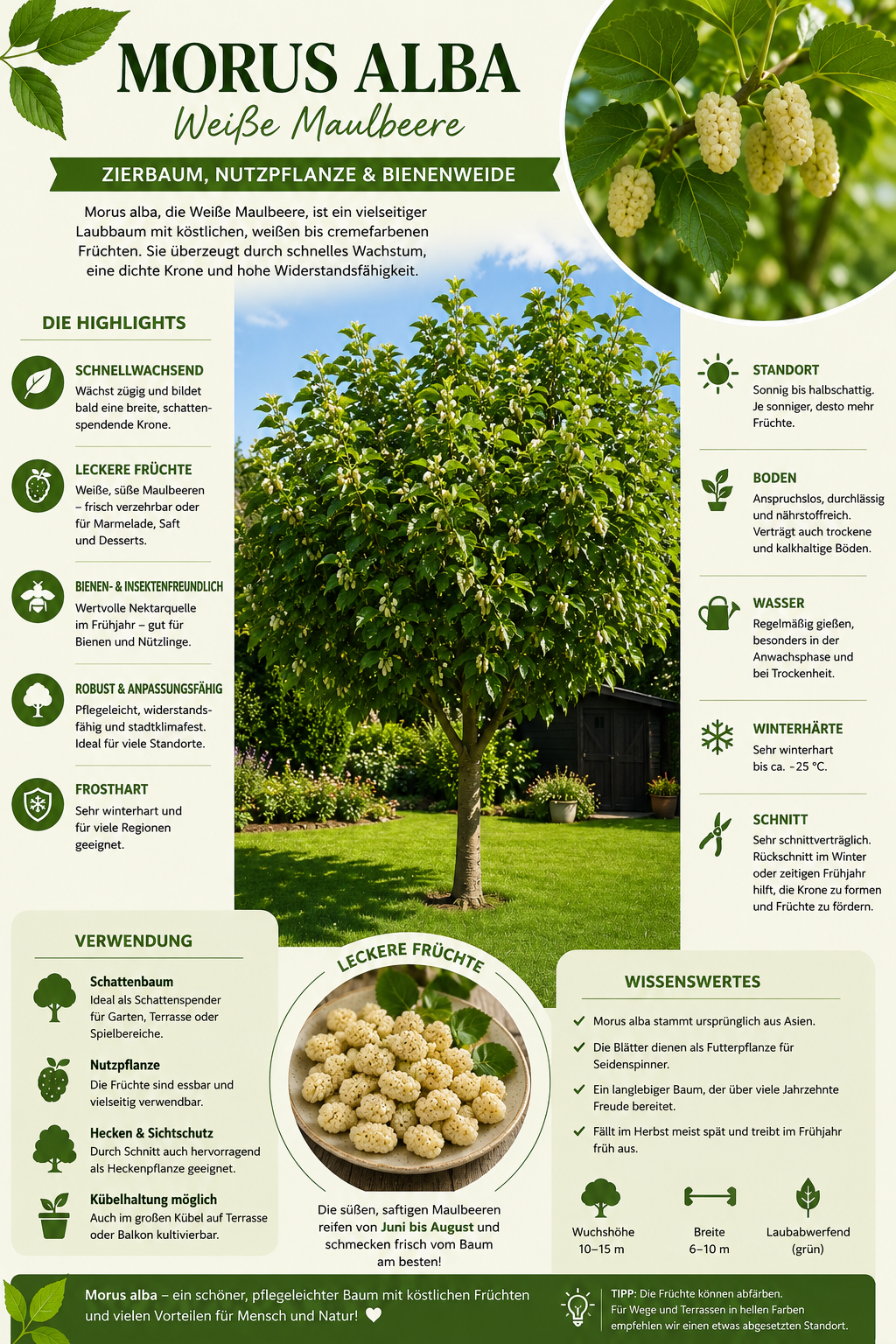 Weiße Maulbeere 50–70 cm (Morus alba) – Winterharter Maulbeerbaum, Obstbaum mit süßen Früchten für Garten & Kübel