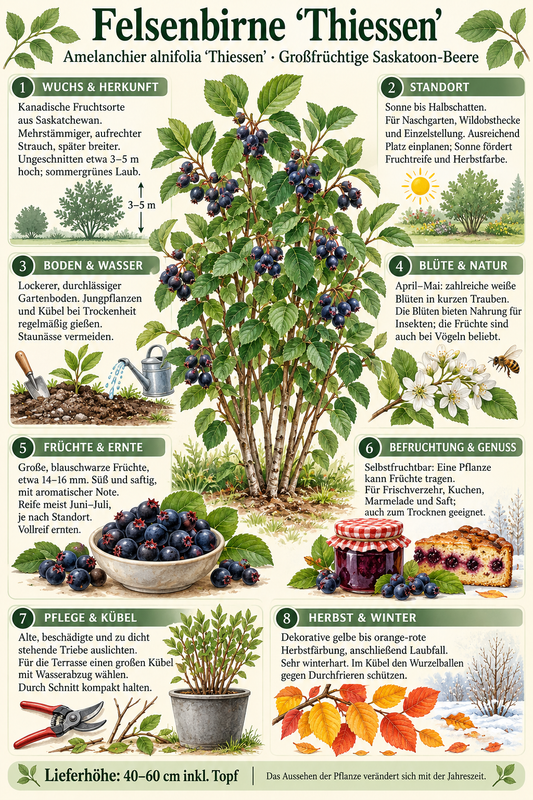 Felsenbirne ‘Thiessen’ – Amelanchier alnifolia – winterharter Obststrauch mit essbaren Früchten – 40–60 cm inkl. Topf