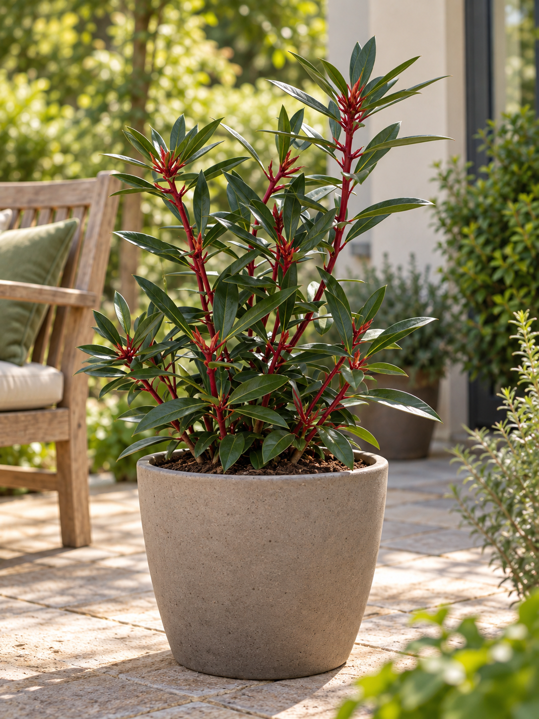Tasmanischer Bergpfeffer ‘Red Spice’ – Drimys lanceolata, immergrüner Strauch für Garten & Kübel – 30–40 cm inkl. Topf