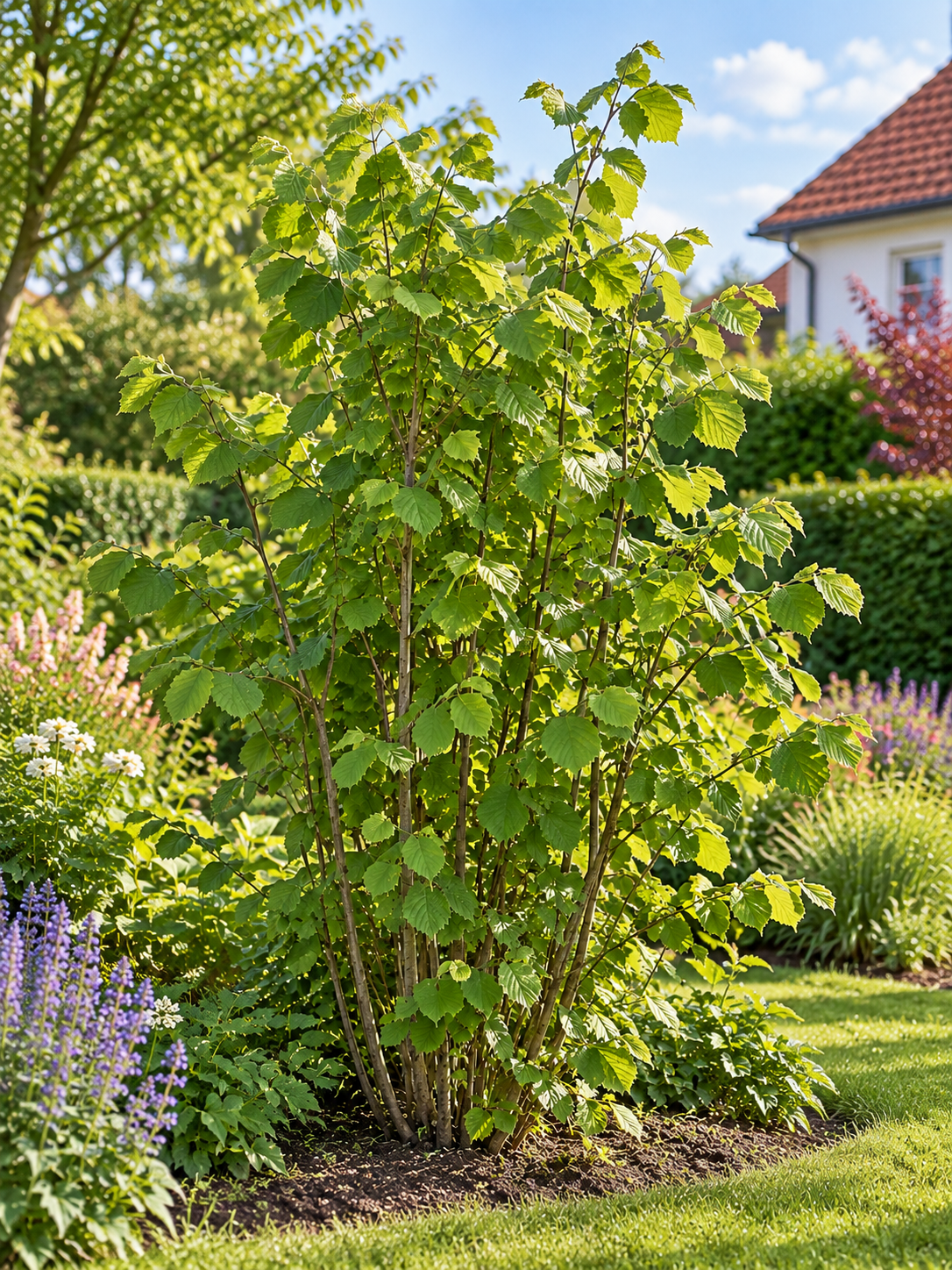 Haselnussstrauch Corylus ‘Nottingham Früheste’ – frühe Haselnuss, ca. 50-70 cm, kräftige Pflanze im Topf