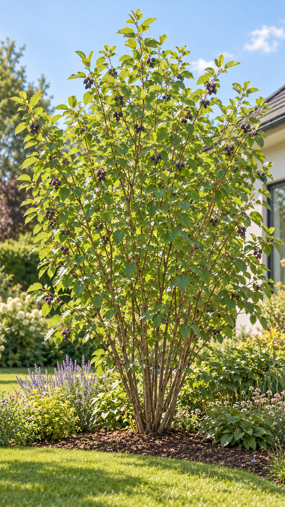 Felsenbirne ‘Thiessen’ – Amelanchier alnifolia – winterharter Obststrauch mit essbaren Früchten – 40–60 cm inkl. Topf