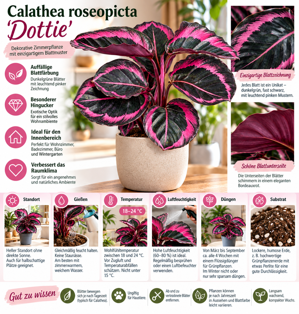 Calathea roseopicta ‘Dottie’ ca. 25 cm – Korbmarante mit rosa Blattzeichnung, exotische Zimmerpflanze