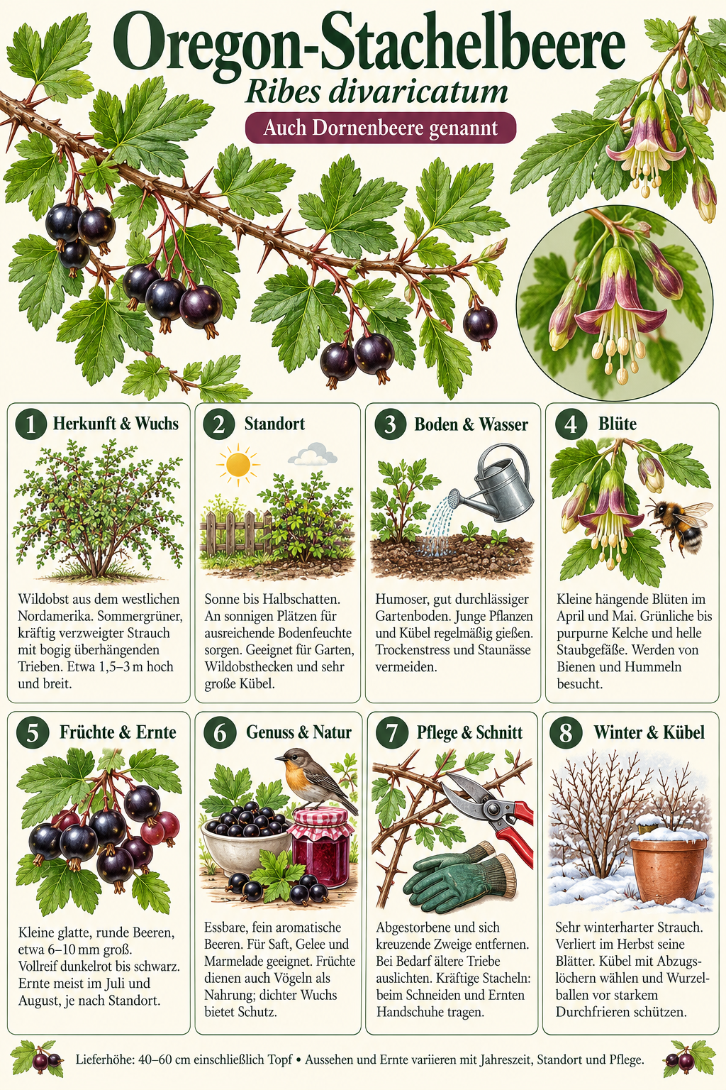 Oregon-Stachelbeere – Ribes divaricatum – winterharter Beerenstrauch mit essbaren Früchten – 40–60 cm inkl. Topf