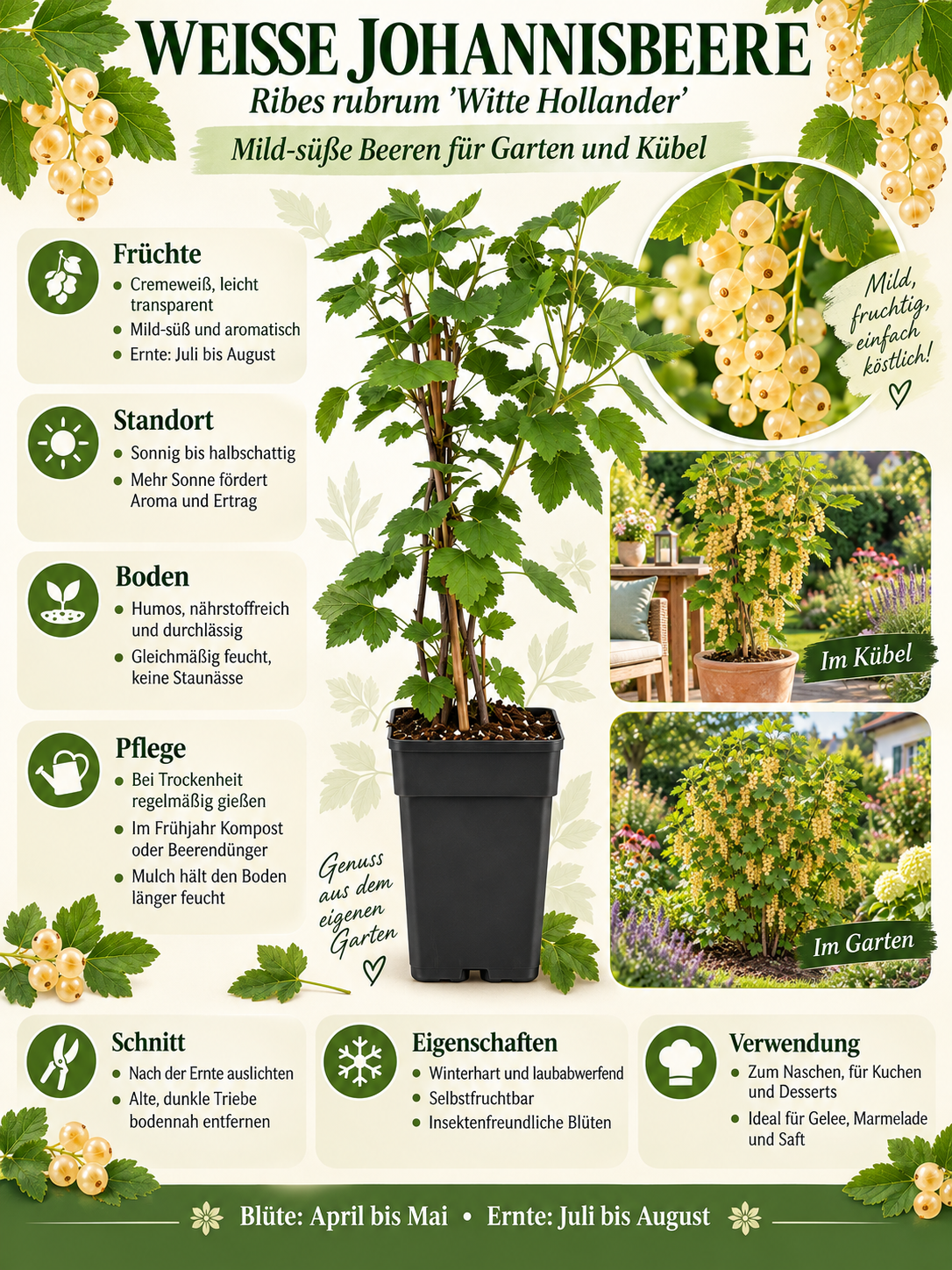 Weiße Johannisbeere ‘Witte Hollander’ 30–35 cm – Ribes rubrum, winterharter Beerenstrauch für Garten und Kübel