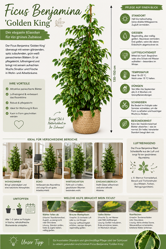 Ficus Benjamina Golden King 130–150 cm – Birkenfeige Zimmerpflanze Grünpflanze mit Panaschierten Blättern