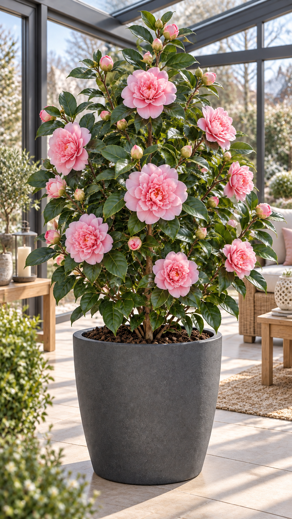 Rosa Kamelie ca. 50 cm – Camellia mit eleganten Blüten für Kübel, Terrasse und Wintergarten
