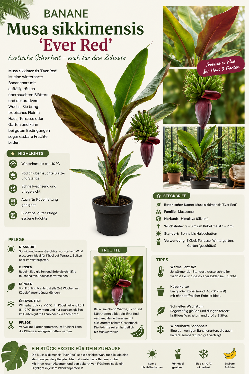 Winterharte Banane 'Musa sikkimensis 'Ever Red' 60-80 cm Exotischer Garten-Hingucker