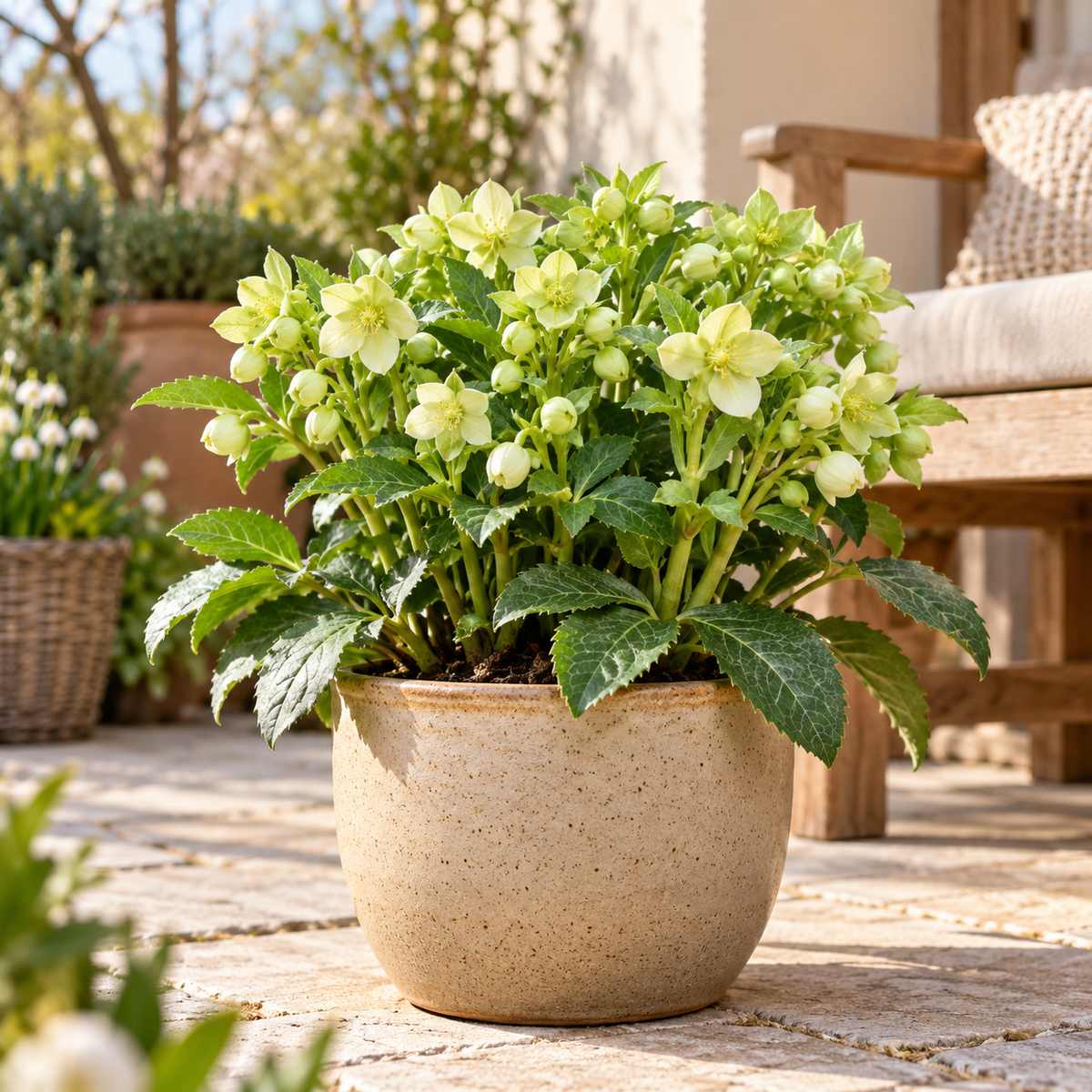 Helleborus lividus ‘White’ – Mallorquinische Nieswurz, weiß blühende Staude für Terrasse & Kübel – 15–20 cm inkl. Topf