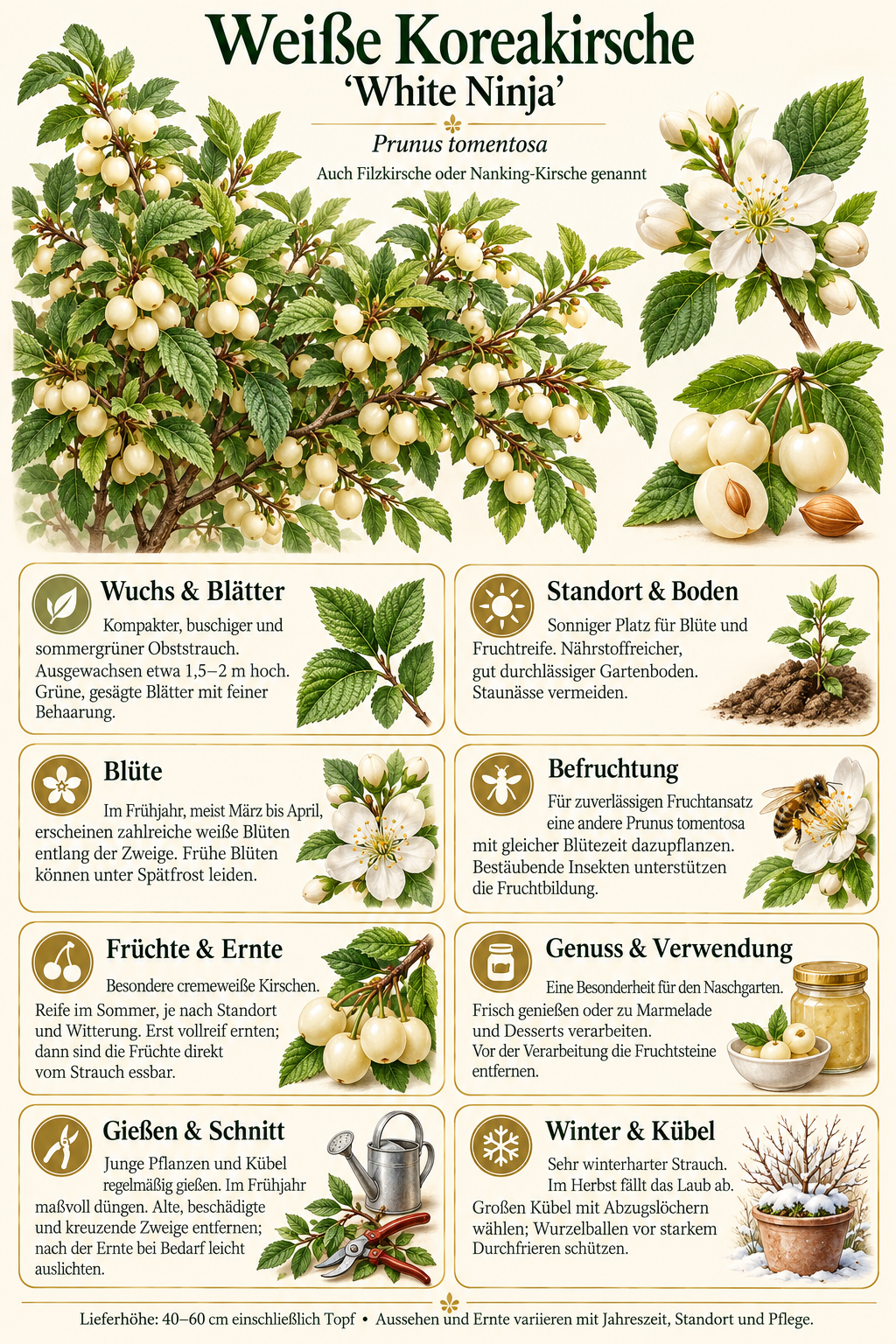 Filzkirsche ‘White Ninja’ – Prunus tomentosa – winterharter Obststrauch mit weißen Kirschen – 40–60 cm inkl. Topf