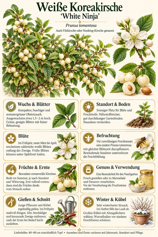 Filzkirsche ‘White Ninja’ – Prunus tomentosa – winterharter Obststrauch mit weißen Kirschen – 40–60 cm inkl. Topf