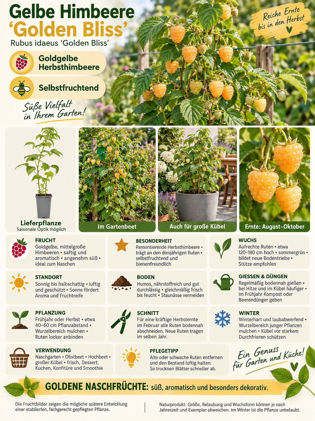 Gelbe HimbGelbe Himbeere ‘Golden Bliss’ 60-70 cm – Rubus idaeus, winterharte Naschhimbeere für Garten, Balkon und Terrasseeere Rubus idaeus 'Golden Bliss' 60-70 cm