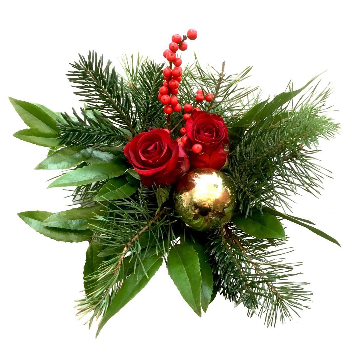 Blumenstrauß „Nikolaus“ – Weihnachtliches Gesteck mit roten Rosen, Ilex (Stechpalme) & Tannengrün