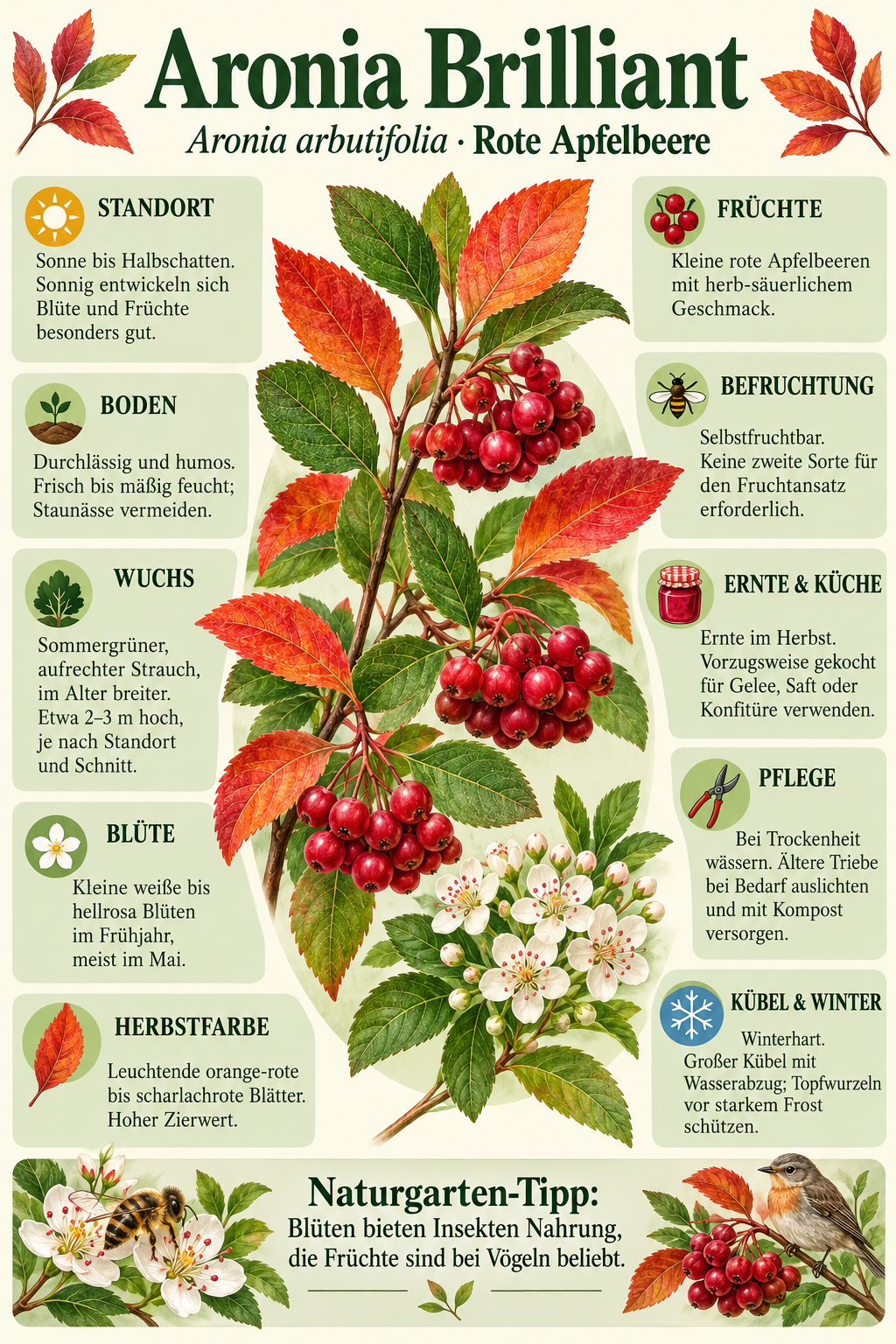 Rote Apfelbeere ‘Brilliant’ – Aronia arbutifolia – winterharter Zierstrauch mit Herbstfärbung – 40–60 cm inkl. Topf