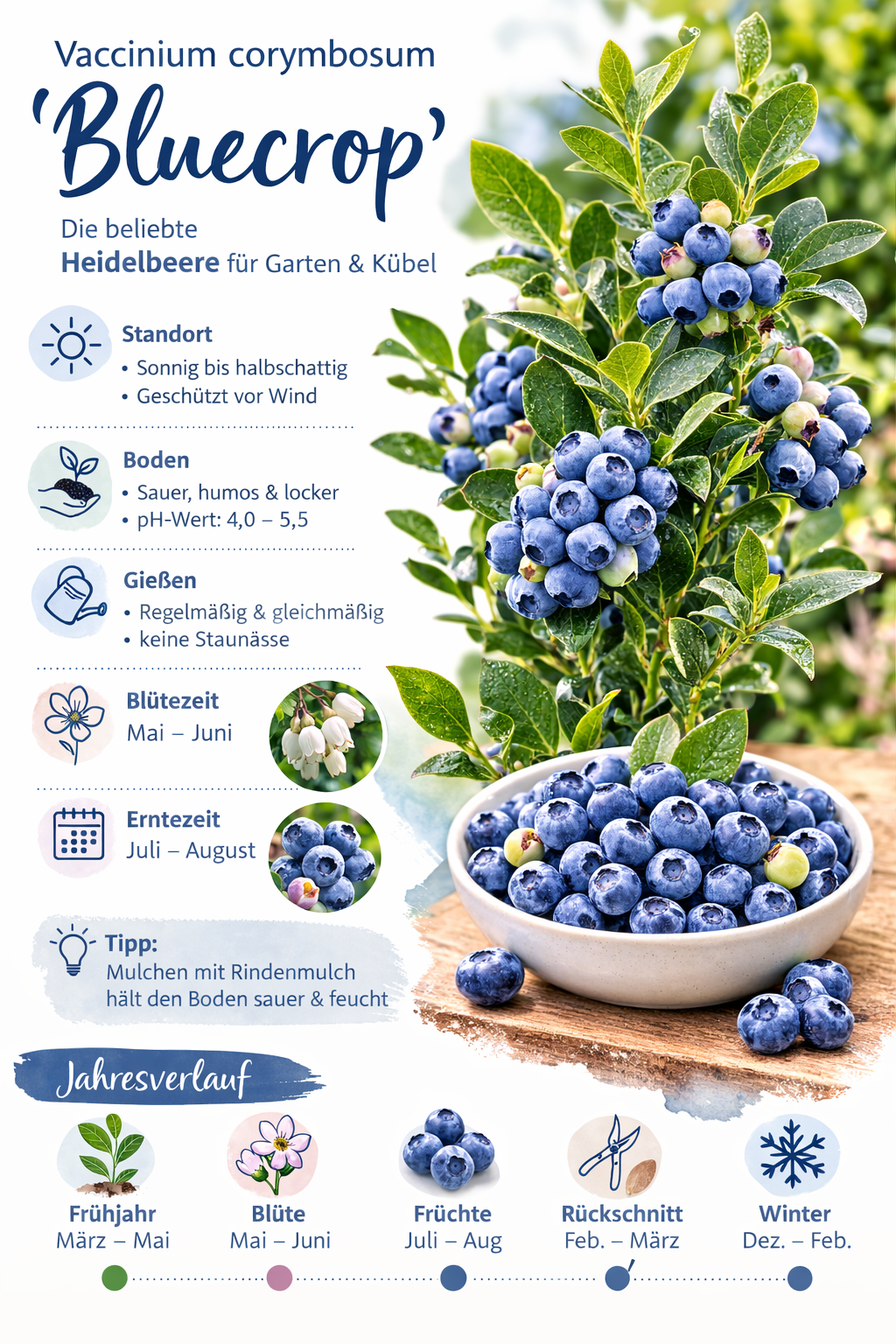 Heidelbeere Bluecrop ca. 60 cm im Topf – Vaccinium corymbosum Kulturheidelbeere ertragreich winterhart für Garten Balkon