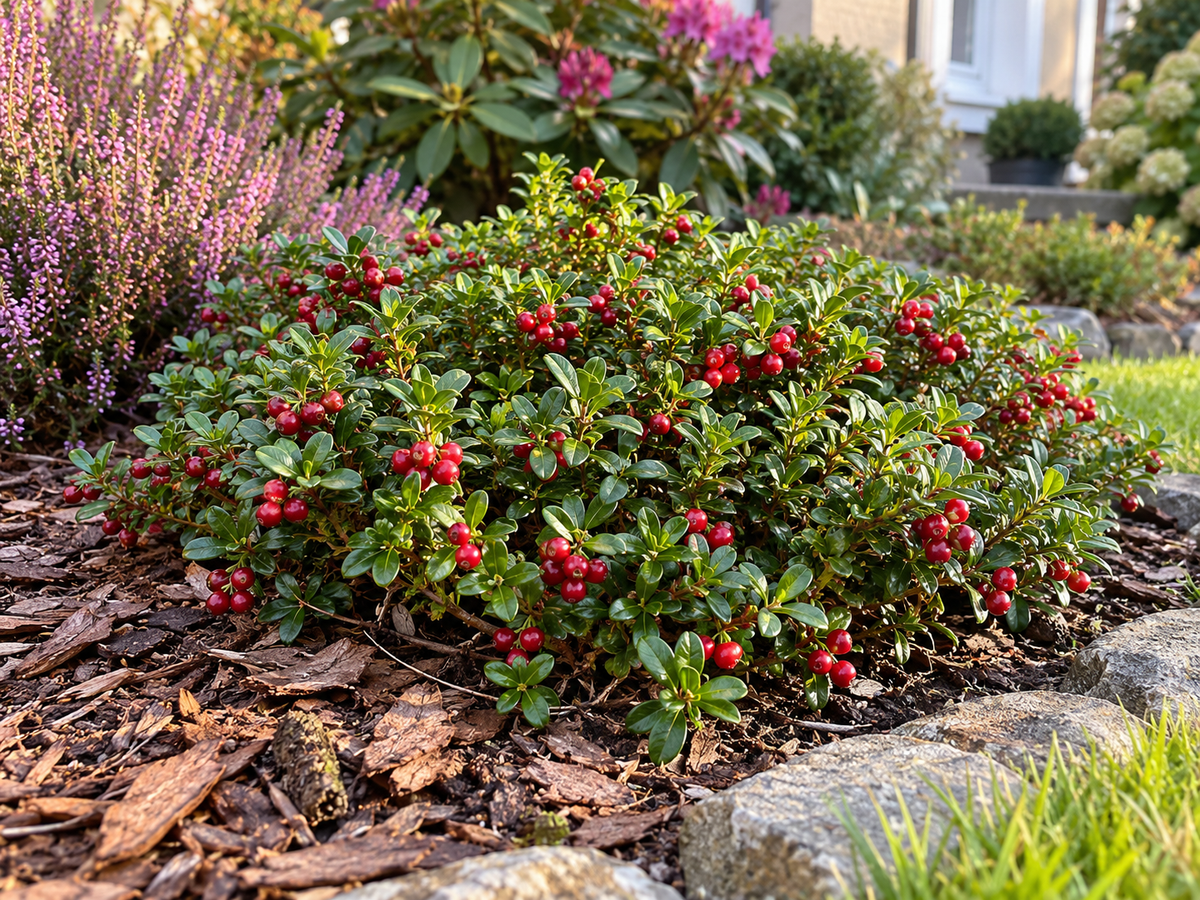 Preiselbeere – Vaccinium vitis-idaea – winterharter, immergrüner Beerenstrauch für Garten & Kübel – 40–60 cm inkl. Topf