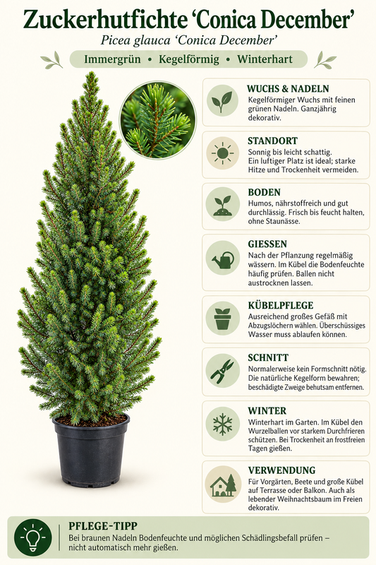 Zuckerhutfichte ‘Conica December’ – Picea glauca, immergrün & winterhart für Garten und Kübel – ca. 120 cm inkl. Topf