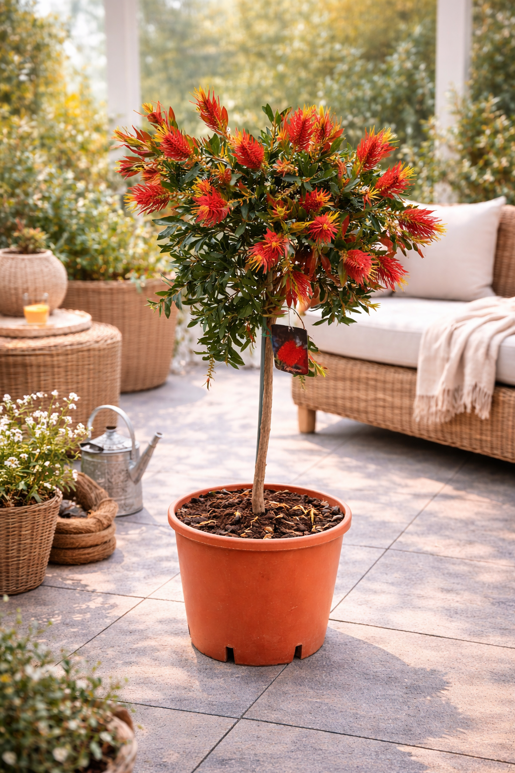 Karminroter Zylinderputzer Stämmchen (Callistemon Splendens) ca. 100 cm – Flaschenputzer Pflanze, immergrüne Kübelpflanze mit roten Blüten