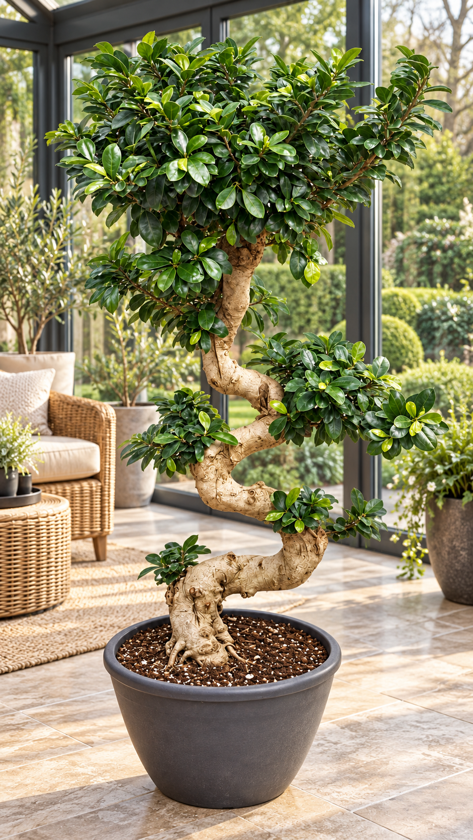 Ficus Ginseng in S-Form – Ficus microcarpa, Chinesische Feige, dekorative Zimmerpflanze – ca. 120 cm inkl. Topf