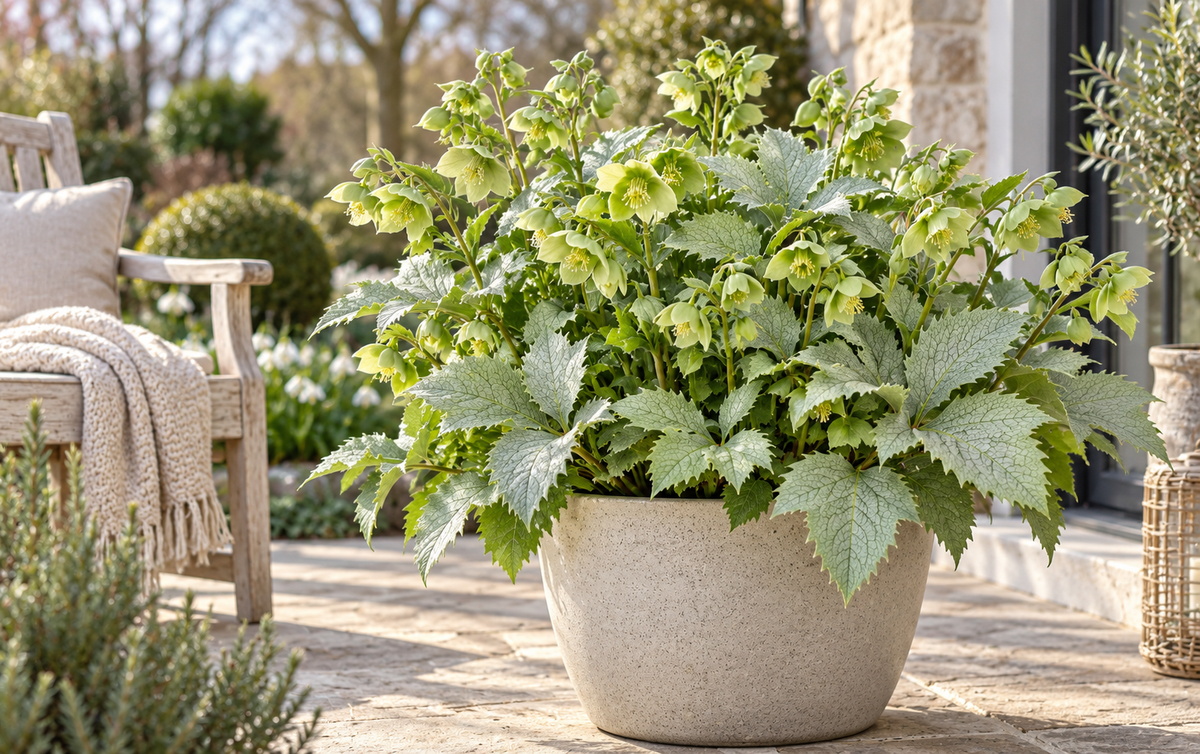 Korsische Nieswurz ‘Silver Lace’ – Helleborus argutifolius, immergrüne Staude mit silbrigem Laub – 15–20 cm inkl. Topf
