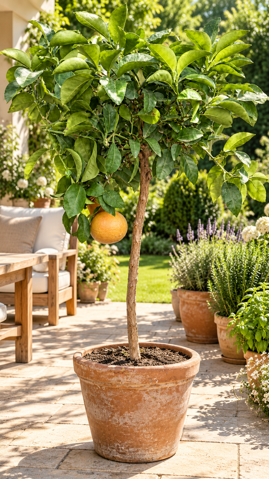 Grapefruitbaum – Citrus paradisi, immergrüne Zitruspflanze für Kübel, Terrasse & Wintergarten – ca. 120 cm inkl. Top