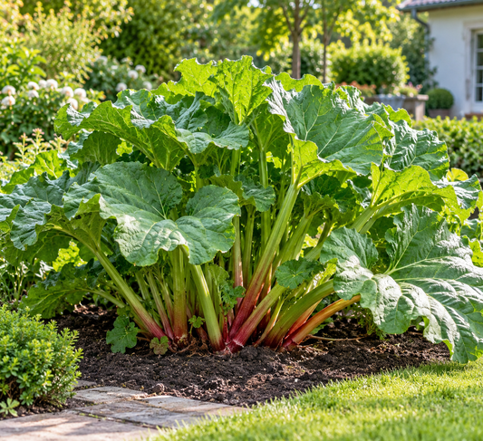 Rhabarber ‘Victoria’ – Rheum rhabarbarum – winterharte Gemüsestaude für den Garten – 40–60 cm inkl. Topf
