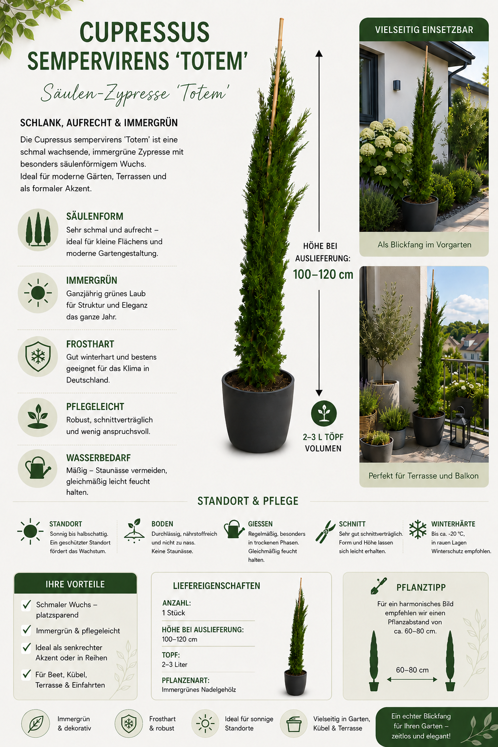 Cupressus sempervirens Totem 100–120 cm – Säulenzypresse Mediterrane Zypresse Italienische Zypresse Wintergrün