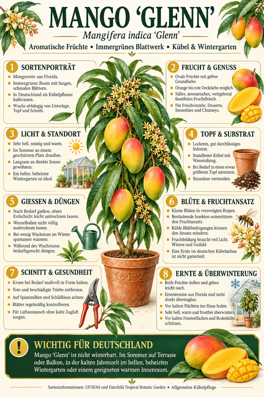 Mangobaum ‘Glenn’ – Mango-Pflanze (Mangifera indica) für Kübel, Terrasse & Wintergarten – 140–180 cm inkl. Topf