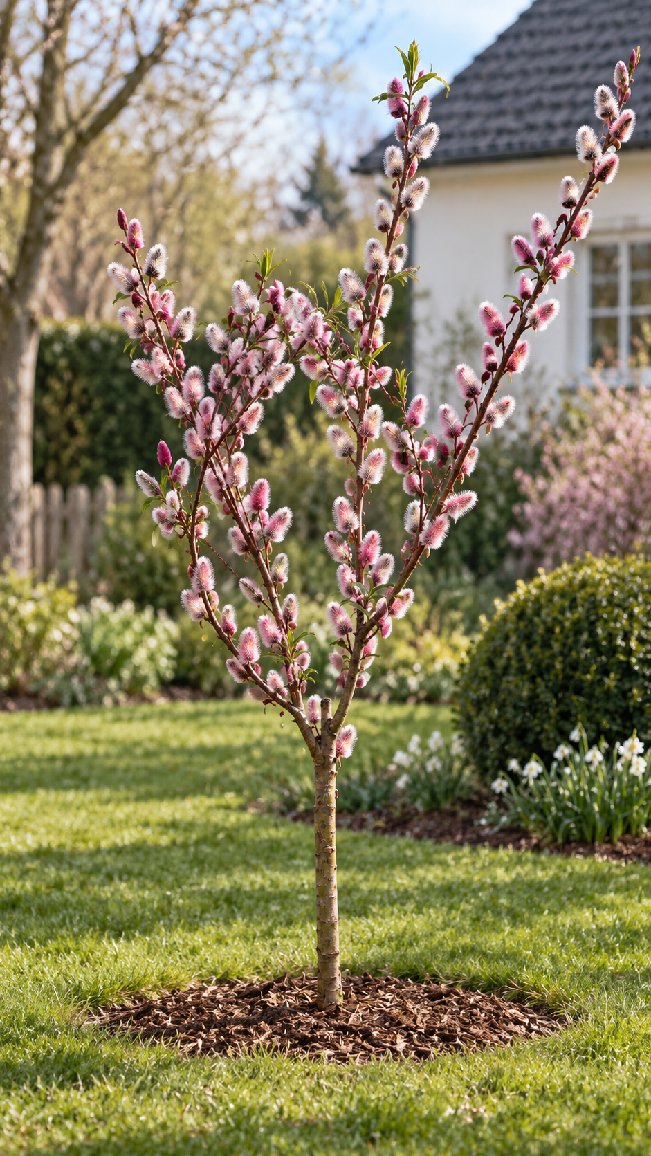Rosa Riesen-Salweide ‘Mount Aso’ als Stämmchen ca. 50 cm – Salix gracilistyla mit rosafarbenen Weidenkätzchen