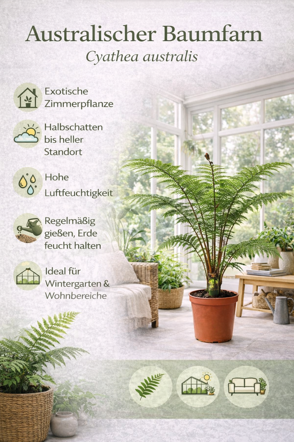 Australská stromová kapradina „Cyathea Australis“ – cca. 120 cm vysoká včetně květináče | Rychle rostoucí pokojová kapradina a exotická rostlina pro zahradu, zimní zahradu a terasu