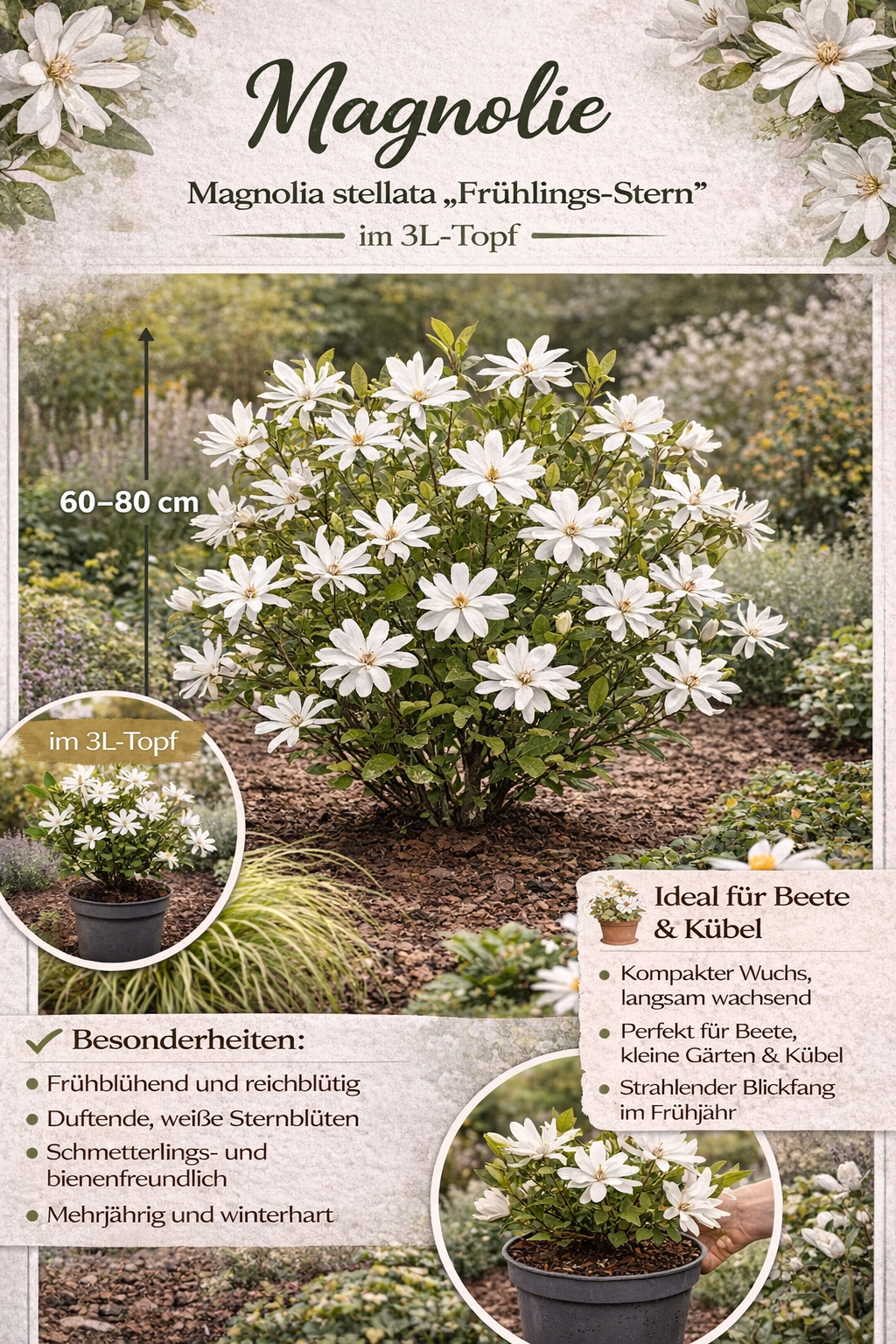 Sternmagnolie (Magnolia stellata) – Zierstrauch 60-80 cm | Frühblühende Magnolie mit Sternblüten