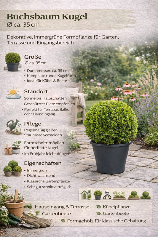 Buchsbaum-Kugel Ø ca. 35 cm – Immergrüner Buxus sempervirens für Garten & Deko