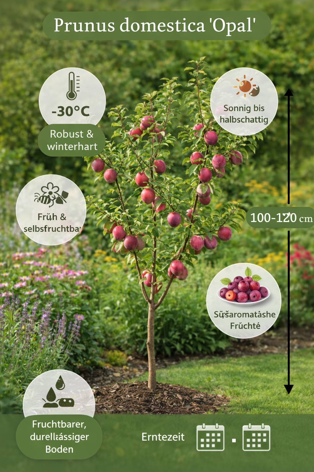 Pflaume Opal Hochstamm 100–120 cm selbstfruchtend – Pflaumenbaum Zwetschgenbaum Prunus domestica Opal