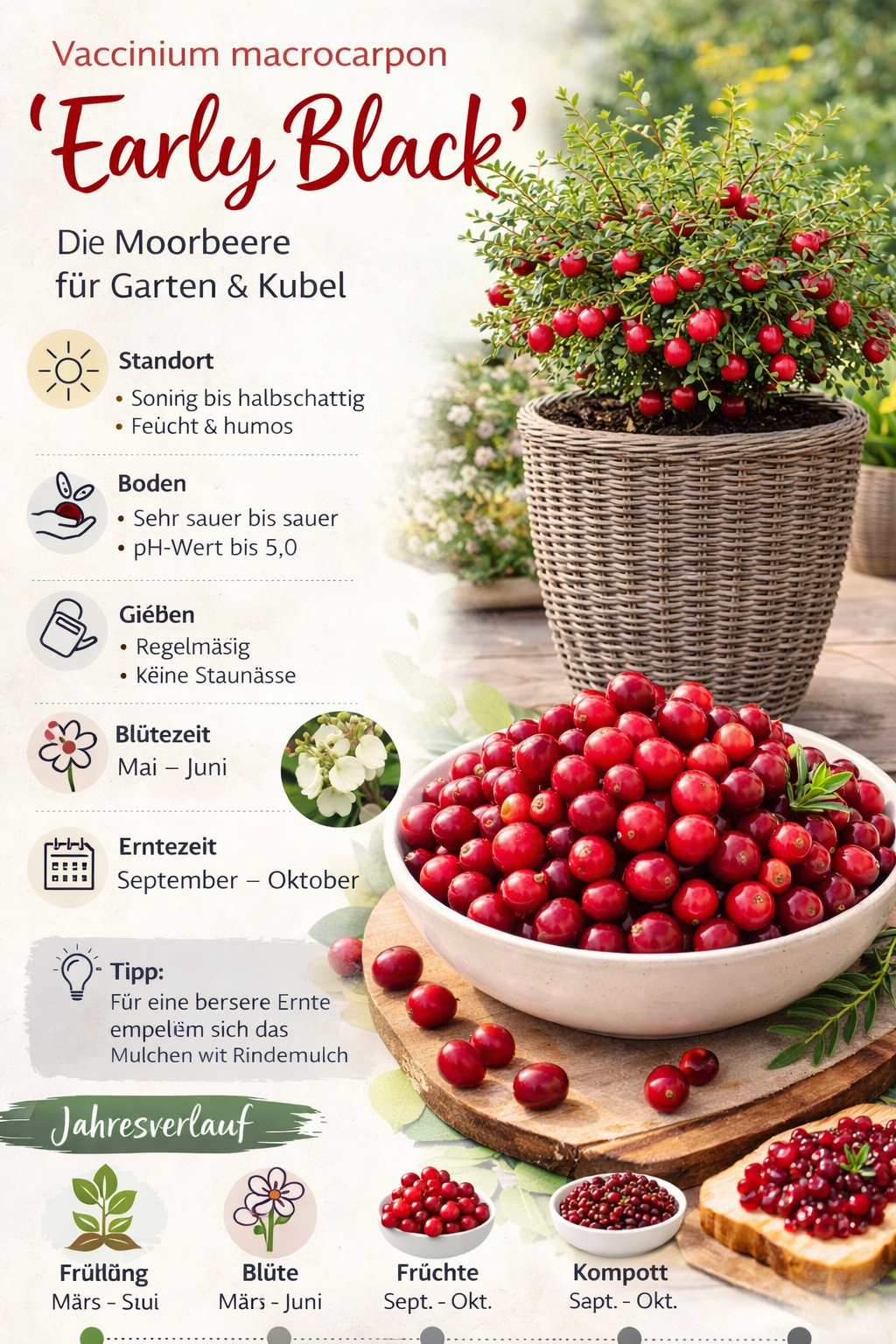 Großfrüchtige Moosbeere Early Black (Vaccinium macrocarpon) – Cranberry Pflanze für Garten, Beet & Moorbeet | Herbstfrucht mit aromatischen Beeren