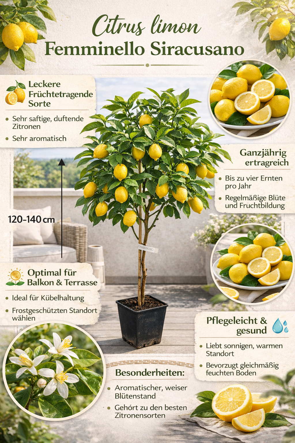 Citrus limon Femminello Siracusano – Zitronenbaum 120–160 cm, robuste echte Zitrone, mediterrane Kübelpflanze