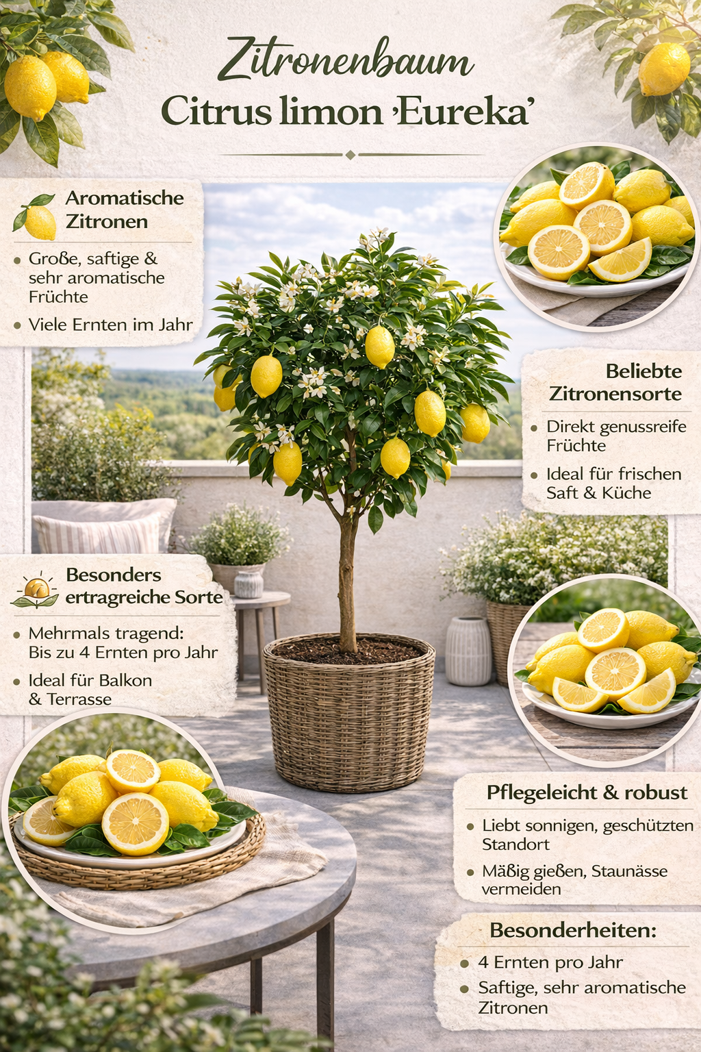 Citroník Citrus limon 'Eureka' (120-160 cm) – Vždyzelený ovocný strom na balkon, terasu a do zahrady 