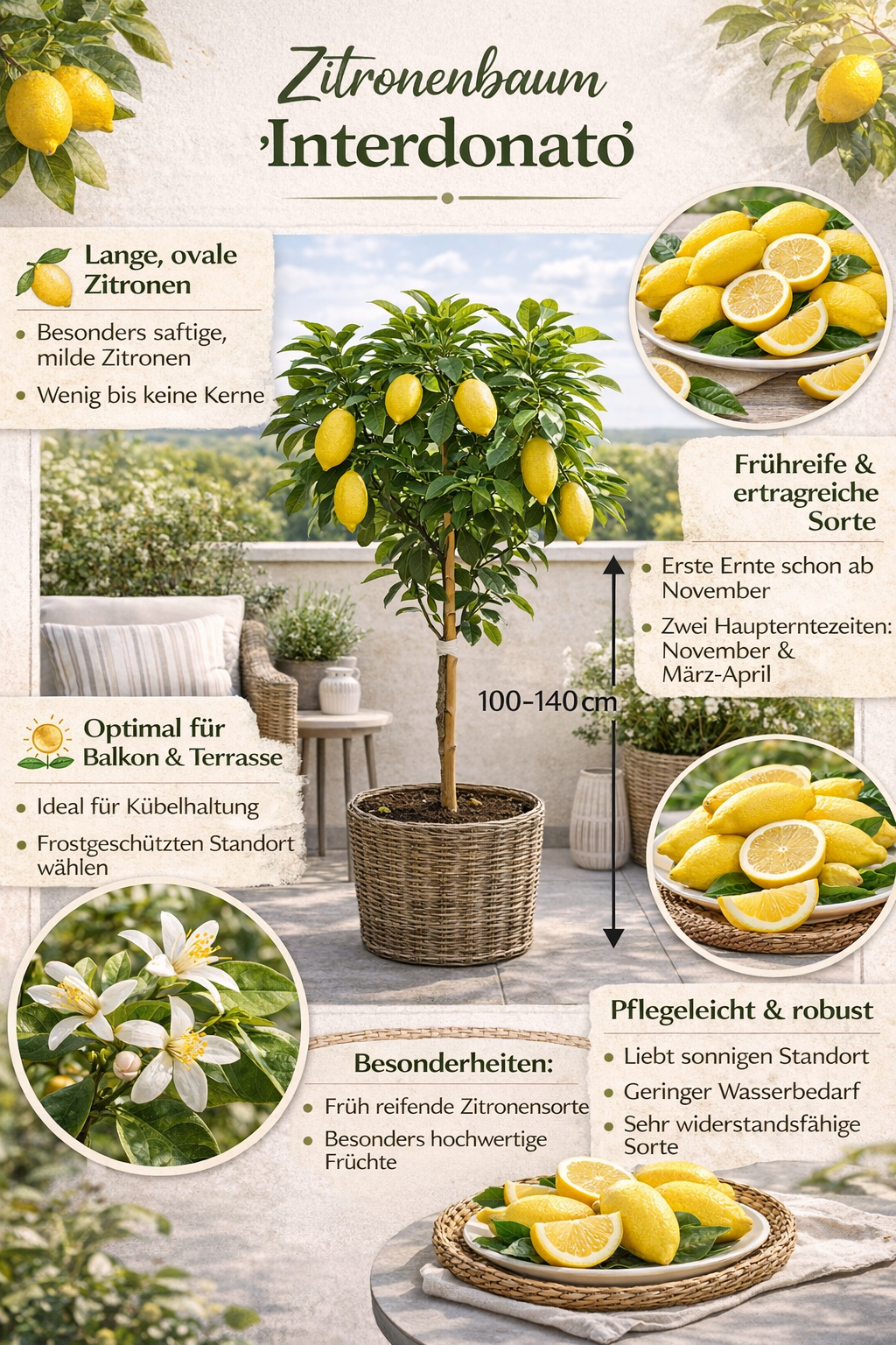 Citroník 'Interdonato' 100–140 cm vč. květináč – Pravý citroník na terasu a balkon