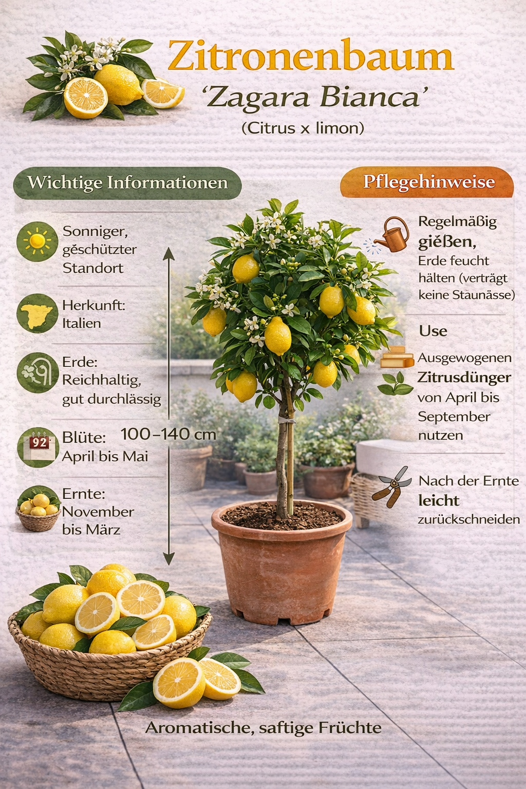 Zitronenbaum 'Zagara Bianca' – Citrus x limon, 100–140 cm, duftende weiße Blüten & essbare Zitronen