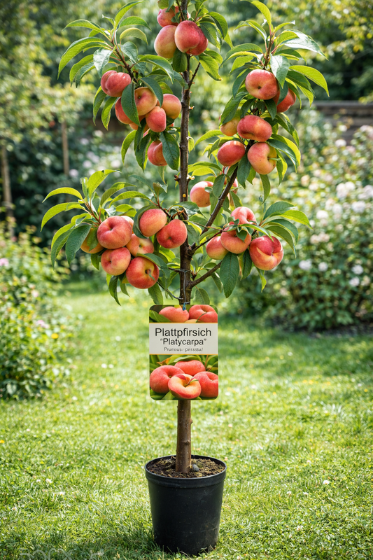 Plattpfirsich „Platycarpa“ – Prunus persica | Flachpfirsich-Baum 160–120 cm | Obstbaum winterhart