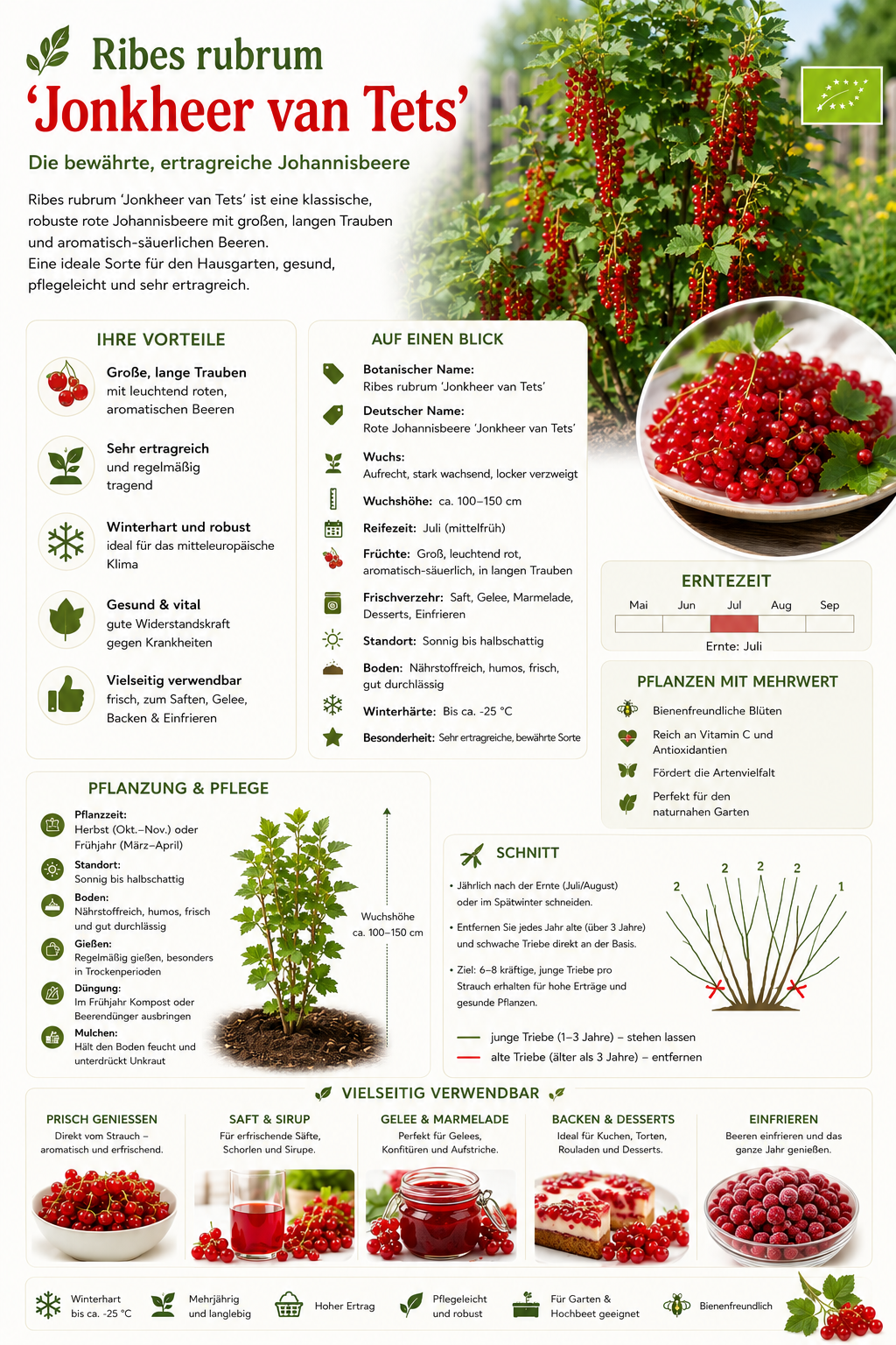 Rote Johannisbeere Jonkheer van Tets 30–35 cm – Ribes rubrum – winterharter Beerenstrauch mit aromatischen roten Früchten
