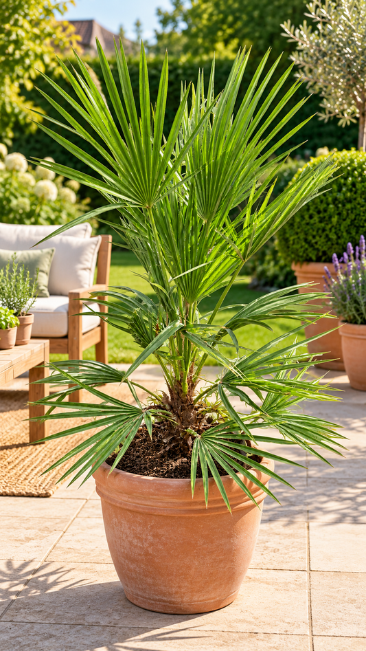Zwergpalme ‘Vulcano’ – Chamaerops humilis – kompakte, immergrüne Fächerpalme für Balkon & Terrasse – ca. 80 cm inkl. Topf