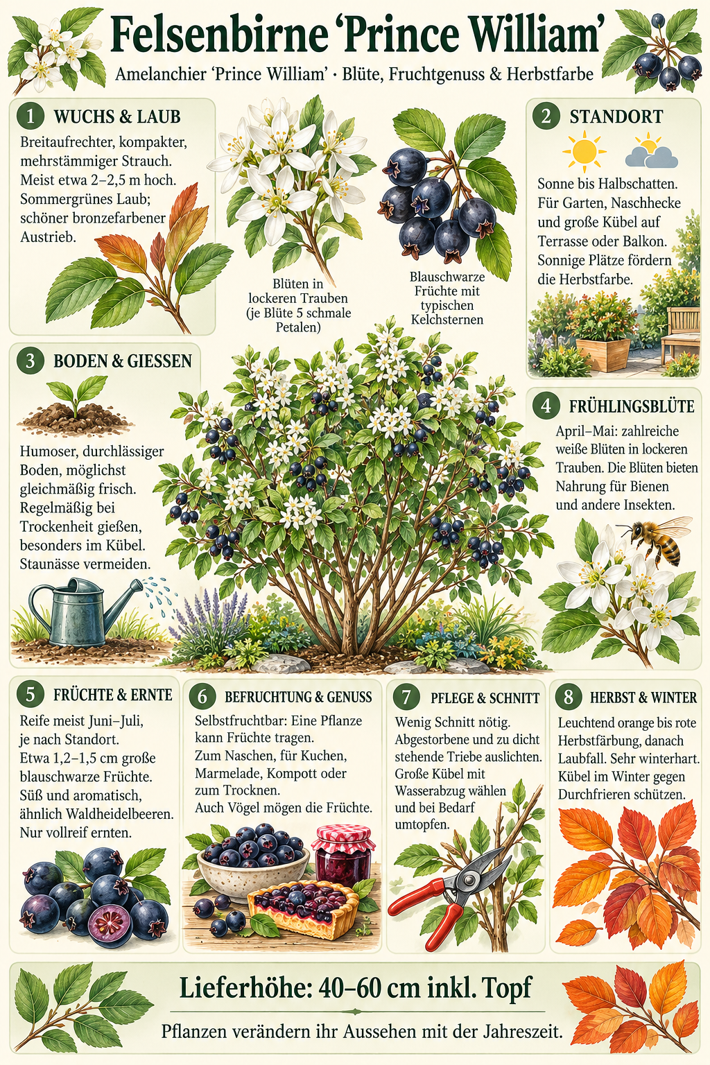 Felsenbirne ‘Prince William’ – Amelanchier, winterharter Obststrauch mit essbaren Früchten – 40–60 cm inkl. Topf