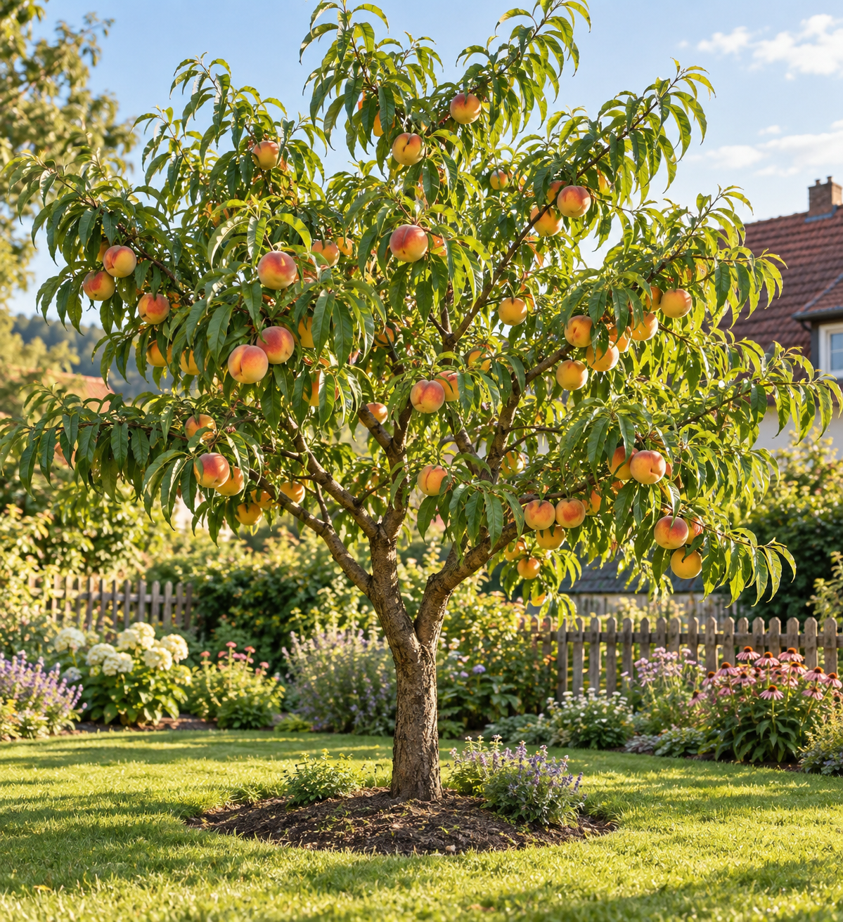 Pfirsichbaum ‘Baby Gold’ – Prunus persica – gelbfleischiger Obstbaum für Garten & großen Kübel – 160–200 cm inkl. Topf
