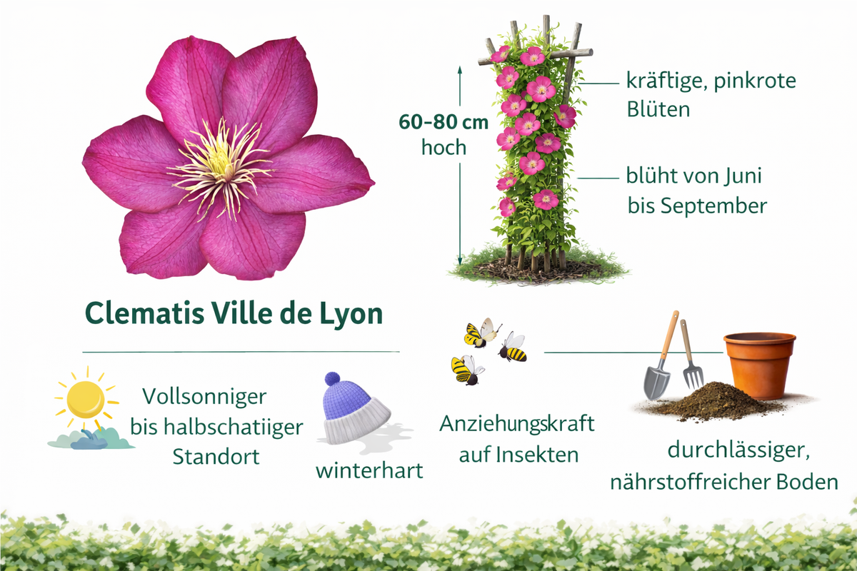 Waldrebe Clematis Ville de Lyon 60–80 cm – Kletterpflanze | Großblumige Clematis, winterhart, Garten & Balkon